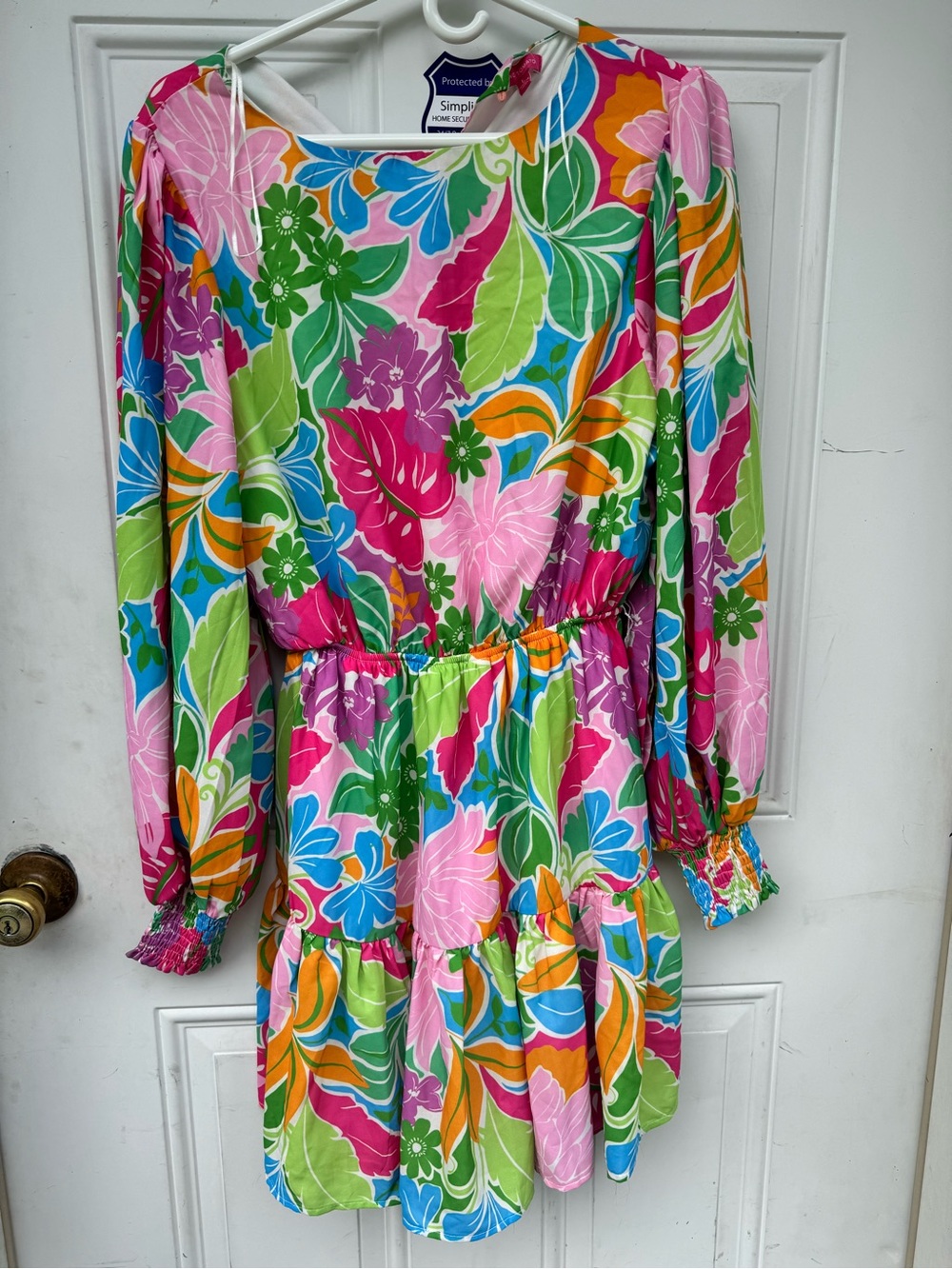 Colorful Floral Long-Sleeve Women’s Dress - Pink & Green